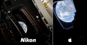 Split image: Left, a view of Earth through a spacecraft window labeled "Nikon"; right, a person’s silhouette and Earth through a window labeled with the Apple logo.