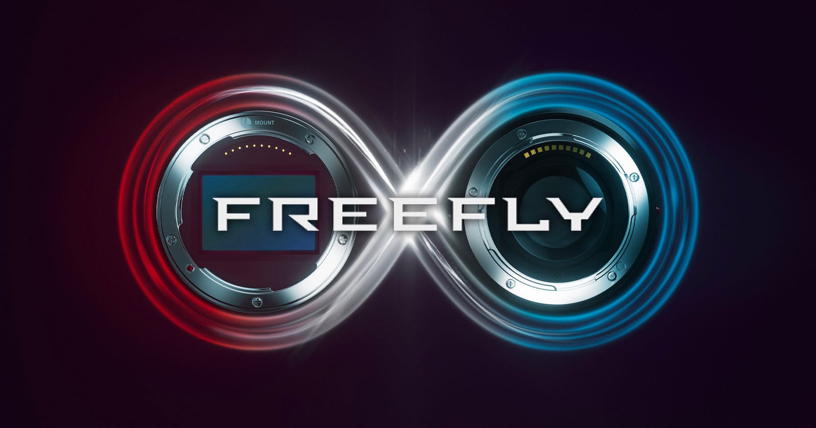 Two camera lens mounts with red and blue lighting form an infinity symbol, with the word "FREEFLY" in bold white text centered across the image on a dark background.