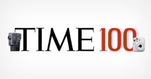 TIME 100" logo with a vintage video camera on the left of "TIME" and a modern instant camera on the right of "100," both set against a white background.