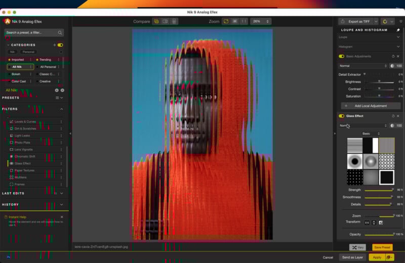 A digital photo editing software interface displays a portrait of a person in an orange hoodie, with a vertical glass distortion effect applied to the image. Editing tools and effect options are visible on the right sidebar.