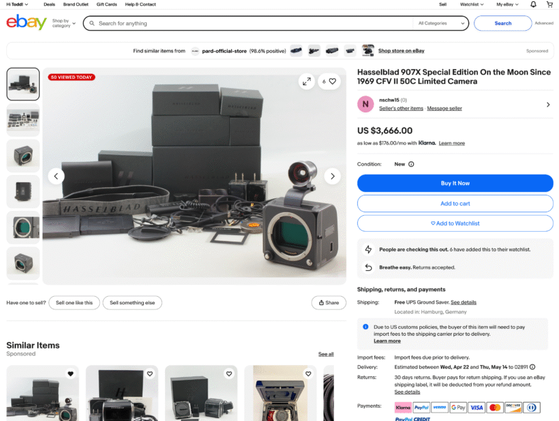 Screenshot of an eBay listing for a Hasselblad 907X Special Edition camera with accessories, price $3,666.00. The camera and parts are displayed on a white surface, with listing and payment details visible.