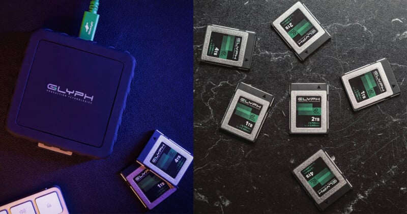 A split image showing a Glyph external storage device connected by a green cable on the left, and several Glyph SD cards labeled with different storage capacities on a dark surface on the right.
