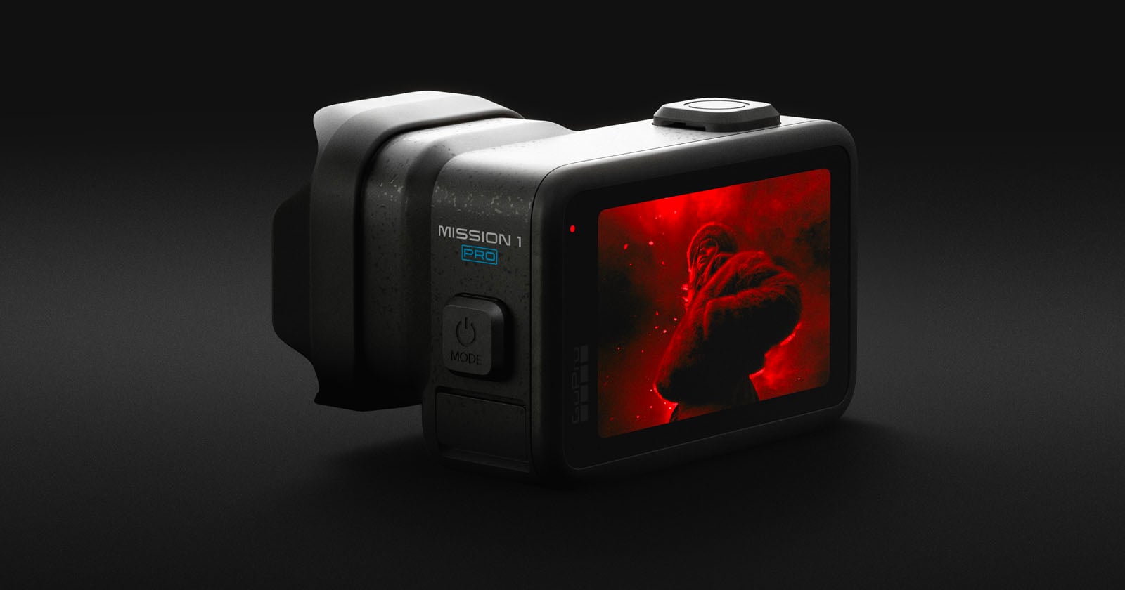 A compact action camera with “Mission 1 Pro” branding displays a vibrant red image of a hooded figure holding a sword on its screen, set against a dark background.