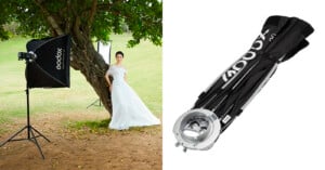 A bride in a white dress poses under a tree with a Godox softbox light set up nearby. Next to this scene is a close-up of a folded Godox softbox.