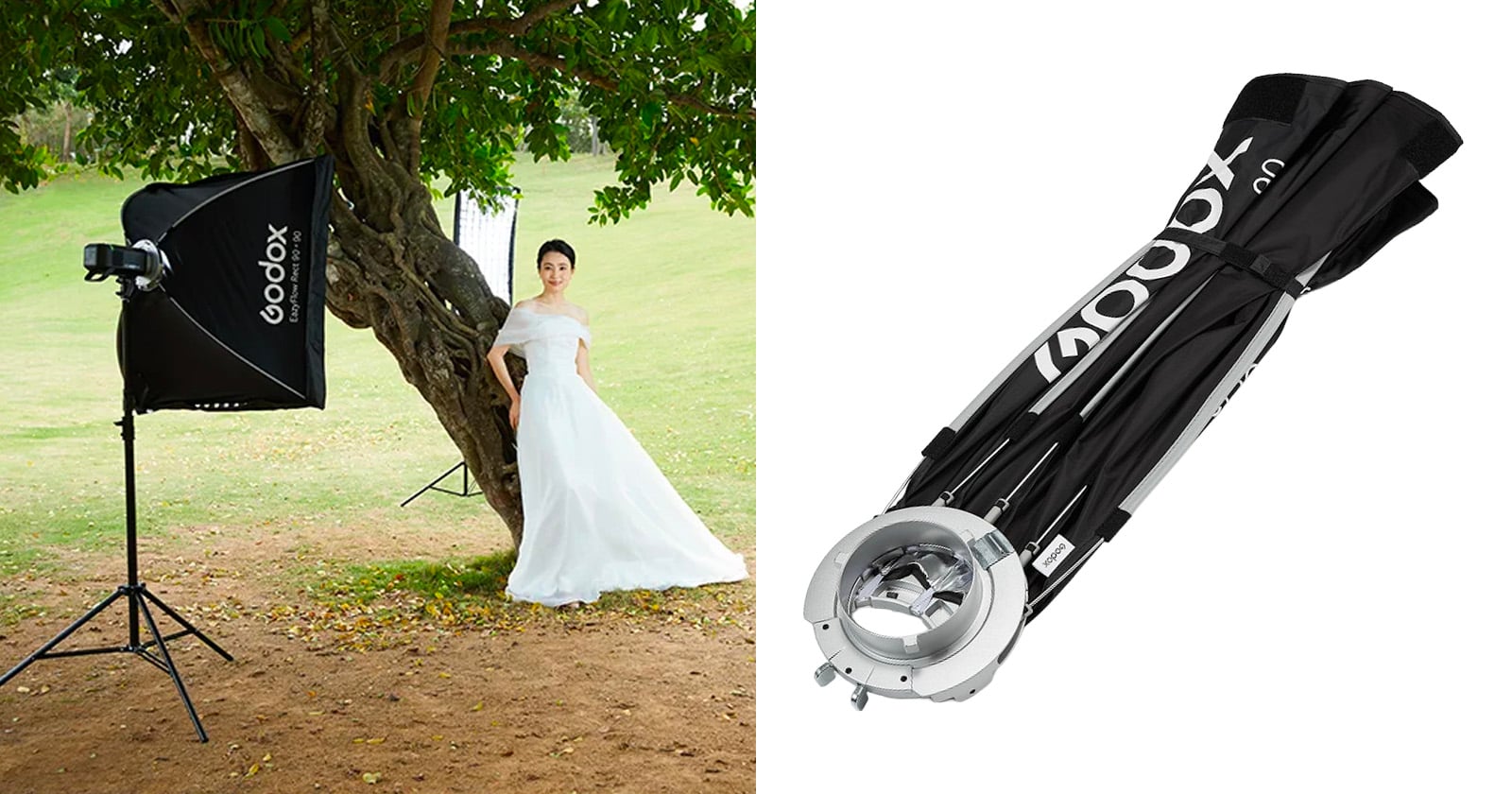 A bride in a white dress poses under a tree with a Godox softbox light set up nearby. Next to this scene is a close-up of a folded Godox softbox.