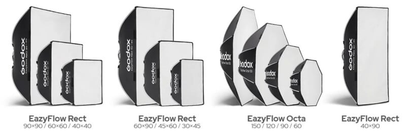 A selection of Godox EazyFlow softboxes in different shapes and sizes, including rectangular and octagonal versions, displayed in groups with product labels and dimensions underneath each group.