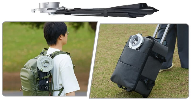 A compact, foldable umbrella with a circular handle is shown closed. One image shows a person carrying it attached to a green backpack, and another shows it attached to a gray suitcase.