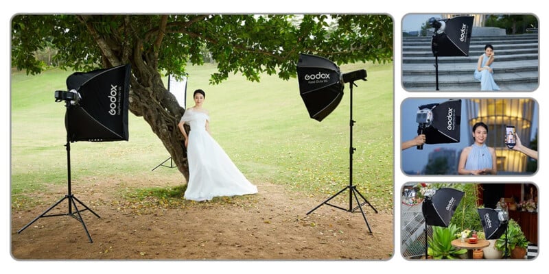 A collage shows different photography setups using Godox lighting equipment, with a main image of a woman in a white dress posing under a tree and smaller images of portraits and still life scenes illuminated by softboxes.