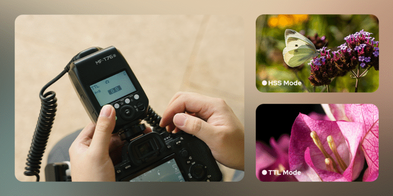 A person adjusts a camera flash on a DSLR. Next to it, two labeled photos show a butterfly on flowers with "HSS Mode" and a close-up of a pink flower with "TTL Mode.