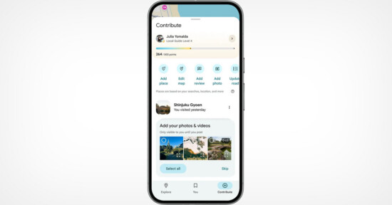 A smartphone displaying the Google Maps contribution screen, showing user contributions, points, options to add a place, edit map, add photos, and upload roads, along with photo suggestions at the bottom.