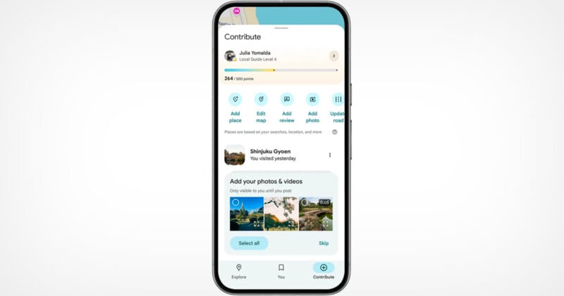 A smartphone displaying the Google Maps contribution screen, showing user contributions, points, options to add a place, edit map, add photos, and upload roads, along with photo suggestions at the bottom.
