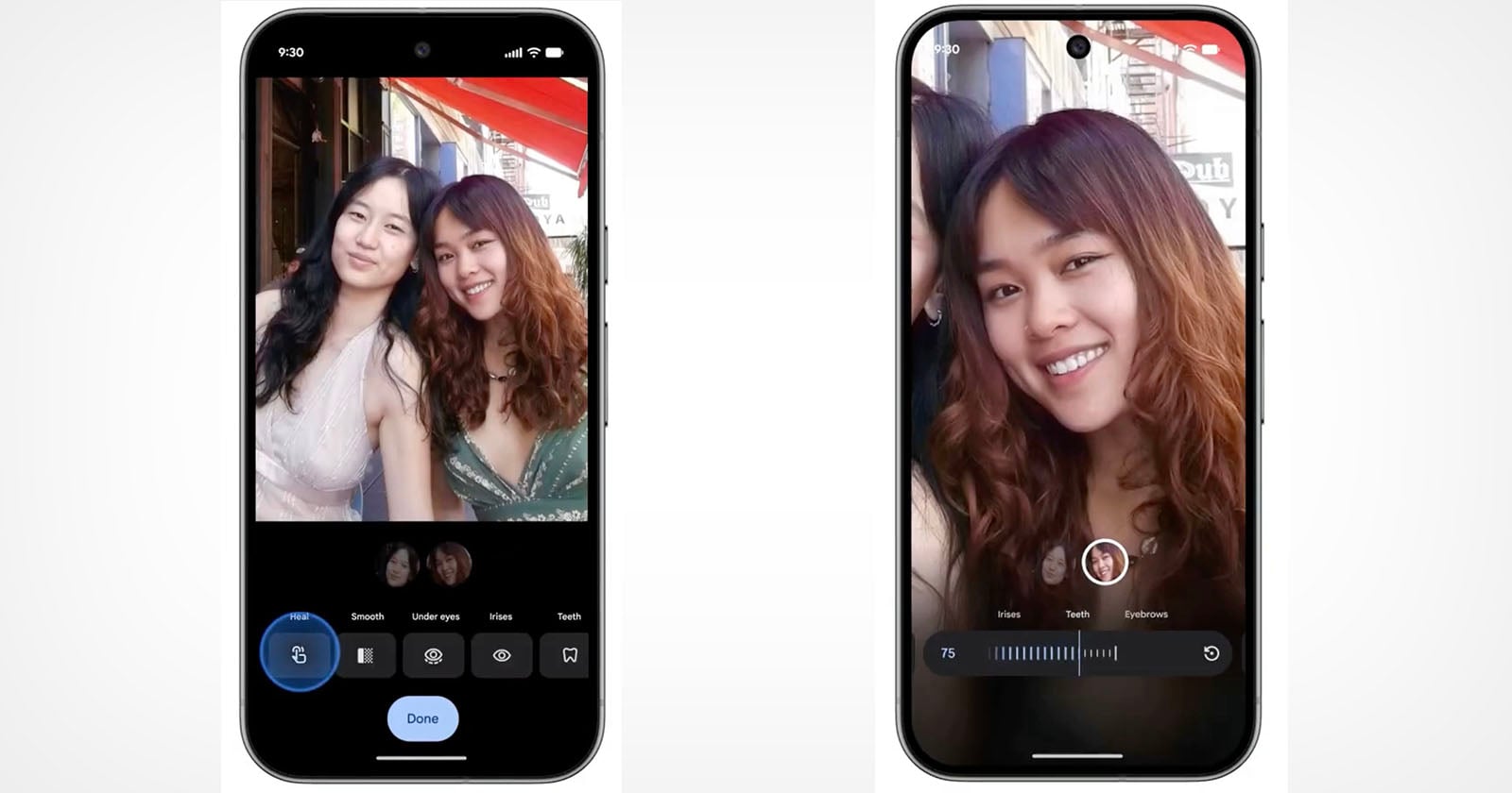 Two smartphones display photo editing apps, each showing a selfie of two women smiling. Editing tools and adjustment sliders are visible below the photos on both phone screens.