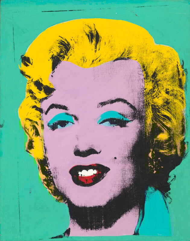A colorful pop art portrait of a woman with yellow hair, turquoise eyeshadow, red lips, and a green background, in the iconic style of Andy Warhol.