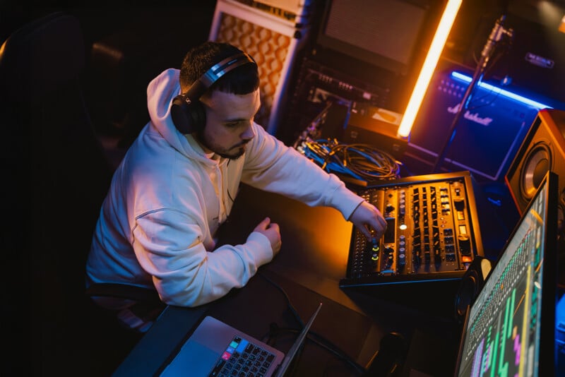 A person wearing a white hoodie and headphones adjusts controls on an audio mixing console in a dimly lit music studio, with a computer screen and various equipment visible around them.