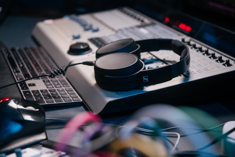 A pair of black headphones rests on an audio mixing console, next to a keyboard and mouse, in a dimly lit recording or production studio.
