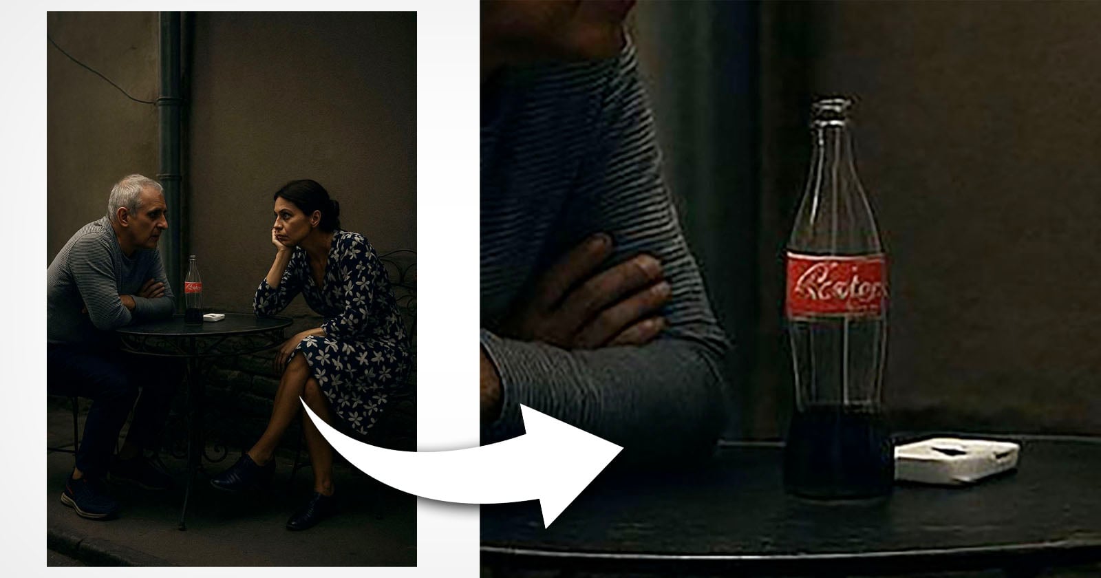 A man and woman sit at a small round table outdoors at night, engaged in conversation. An arrow highlights a close-up of a Coca-Cola bottle and a white ashtray on the table.