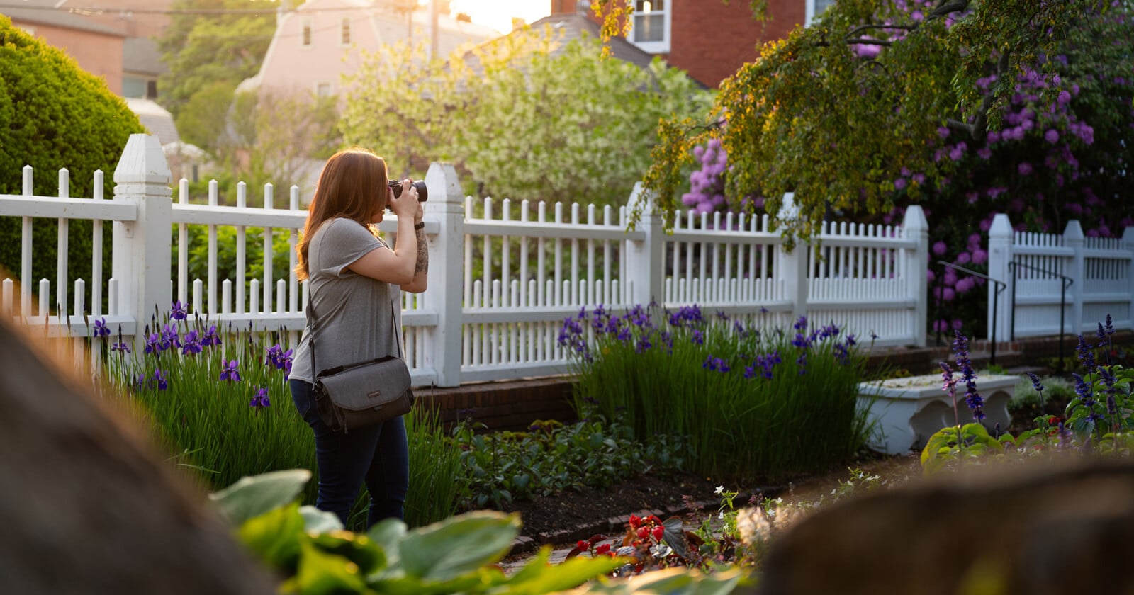 A woman stands in a garden taking a photo with a camera at sunset, surrounded by green plants and purple flowers, with a white picket fence and houses in the background.