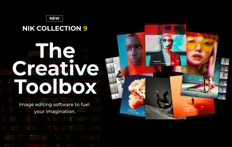 Advertisement for Nik Collection 9 image editing software, titled "The Creative Toolbox," featuring vibrant, artistic photo samples and the tagline "Image editing software to fuel your imagination.