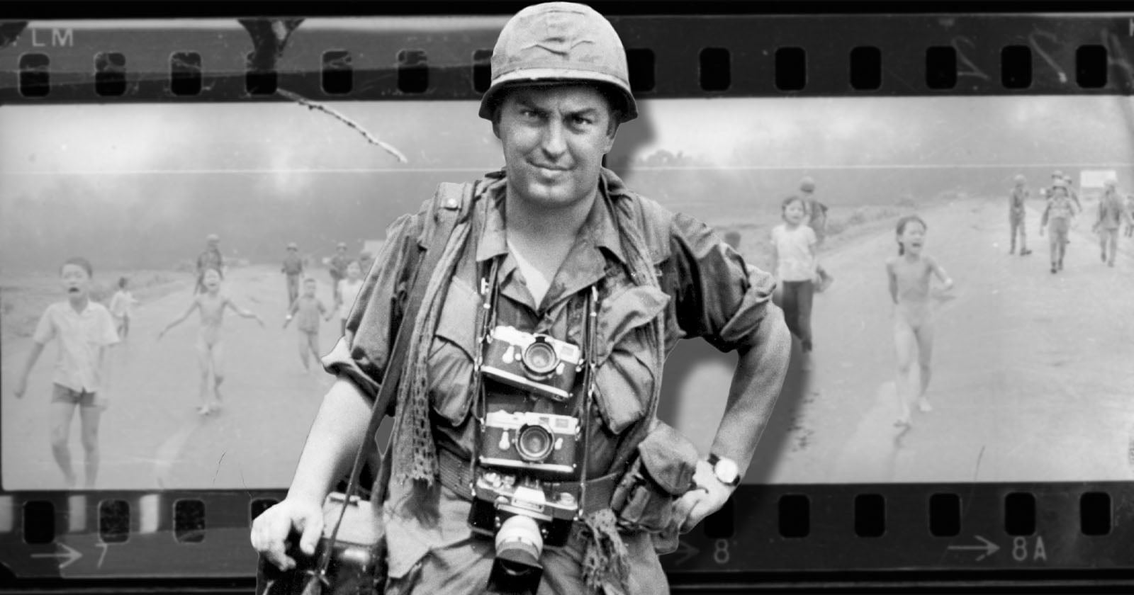 A war photographer with cameras around his neck stands in front of a blurred background showing children and soldiers running on a road, overlaid with a film strip.
