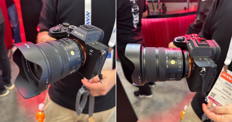 A person holds a Sony Alpha camera with a large Sigma wide-angle lens attached, shown from two angles at an indoor event. The camera has a lens hood and is equipped with a shoulder strap.