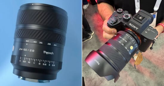 Side-by-side images: left, a Thypoch 24-50mm f/2.8 camera lens on a blue background; right, a person holding a Sony camera with the Thypoch lens attached at an event.