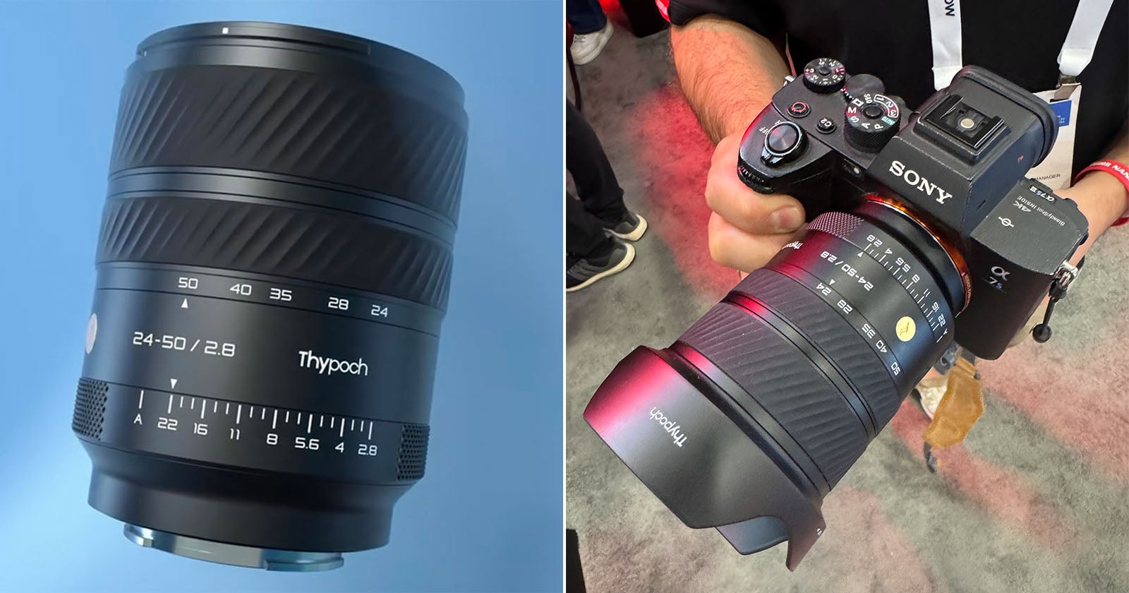 Side-by-side images: left, a Thypoch 24-50mm f/2.8 camera lens on a blue background; right, a person holding a Sony camera with the Thypoch lens attached at an event.
