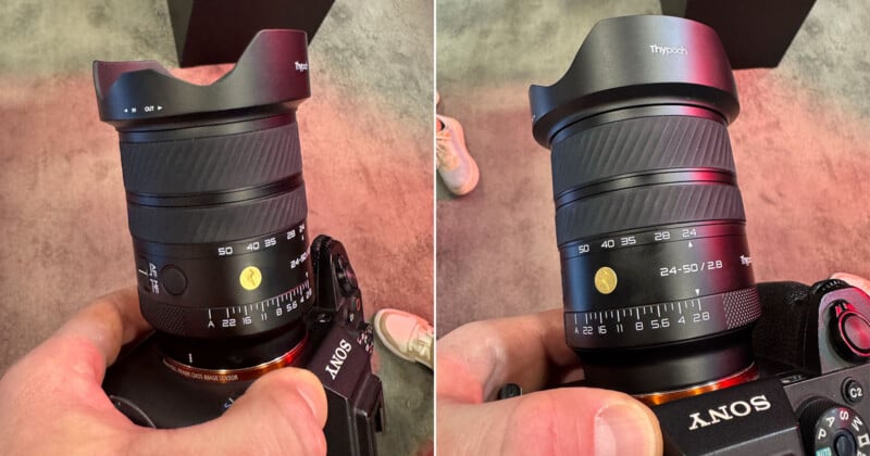 Close-up photos of a person holding a Sony camera with a TTArtisan lens attached, showing the lens' focus and aperture rings, engraved markings, and lens hood from different angles.