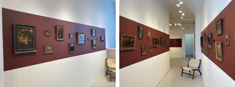 Two photos show a modern art gallery with maroon bands on white walls, displaying framed paintings arranged in a row. A wooden chair with a light fabric seat is placed near the end of the hallway.