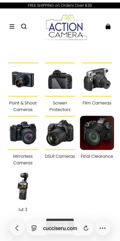 Captura de pantalla del sitio web móvil para cámaras de acción, que muestra categorías: apuntar y disparar, protectores de pantalla, cámaras de película, cámaras sin espejo, SLR digitales, autorización final y accesorios de cámara etiquetados "Laúd 3.