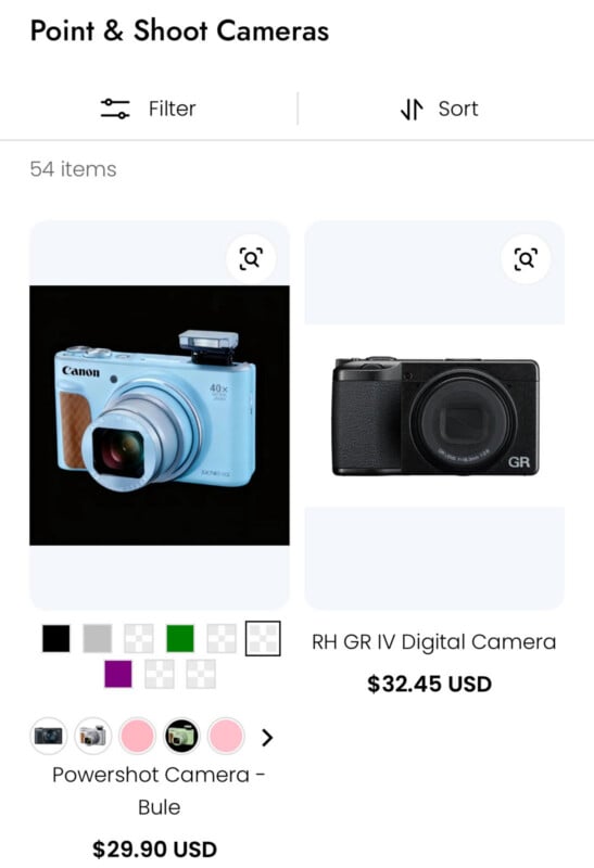 Una captura de pantalla de una tienda en línea que enumera dos cámaras: una cámara Canon Powershot azul a la izquierda con un precio de $29,90 y una cámara digital negra RH GR IV con un precio de $32,45 a la derecha. Las opciones de filtrado y clasificación están visibles arriba.