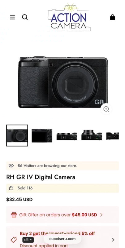 Captura de pantalla de la página del producto de la tienda en línea de cámaras digitales RH GR IV, que muestra imágenes de la cámara, el precio de $32,45 e información de compras, como visitantes, ventas y descuentos.