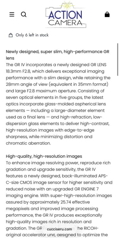 Captura de pantalla de la descripción del producto. "Cámara de acción." El texto detalla características como la lente GR de 18,3 mm de nuevo diseño, imágenes de alta resolución, elementos de lente avanzados y nitidez de borde a borde.