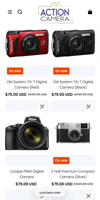 Captura de pantalla de una tienda de cámaras en línea que muestra cuatro cámaras a la venta. Ambas cámaras digitales OM System TG-7 (roja y negra), así como los modelos Coolpix P950 y X half Premium Compact, están a la venta por $79 cada una.