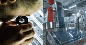 A split image shows a person inspecting photographic film with a magnifier on the left, and automated machinery in a modern industrial facility on the right.