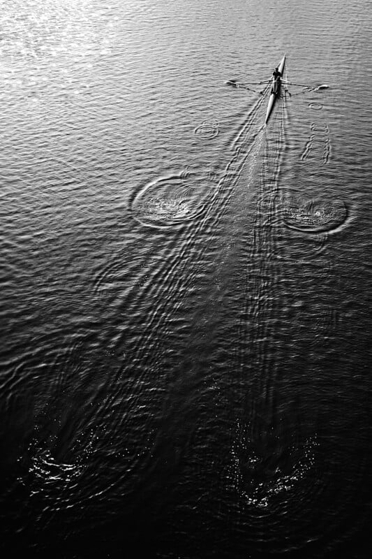 A single rower glides through calm water, leaving symmetrical ripples and trails behind, photographed from above in black and white.