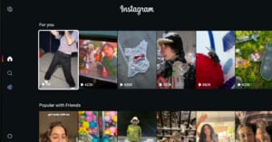 Instagram interface displaying a "For you" section with trending photos and short videos, including people dancing, selfies, clothing, winter scenes, and creative shots. Below is a "Popular with Friends" section with more images.