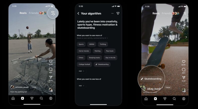 Three smartphone screens show a social media app: the first displays a skateboarding reel, the second shows algorithm interests like creativity and skateboarding, and the third highlights a skateboarding video in the app's "Reels" section.