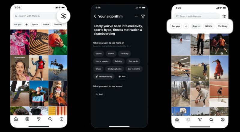 Three smartphone screens show a social media app with a photo grid and interest tags like "Sports," "Creative," and "Thrifting," along with an algorithm explanation screen listing current user interests.