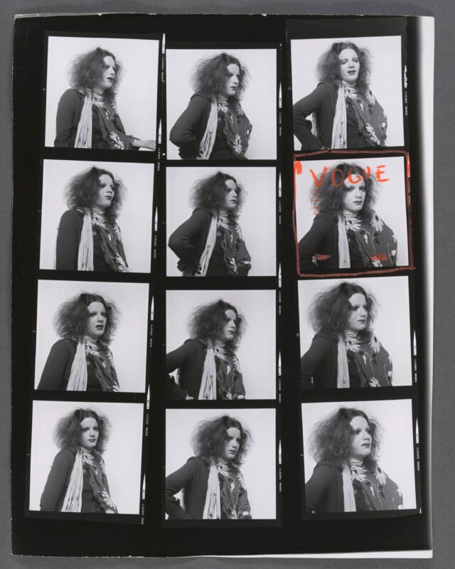 A black-and-white contact sheet of twelve portraits featuring the same person posing in different angles. One photo is outlined, marked with "VOGUE" in red, and has arrows drawn pointing to it.