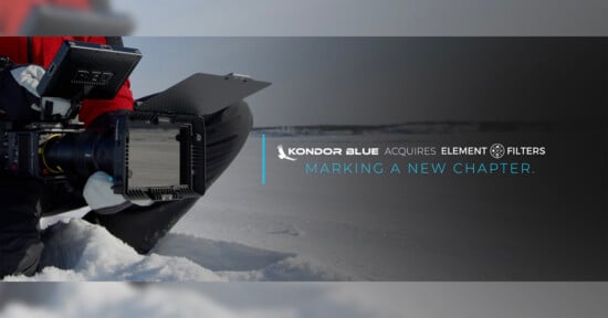A person in winter clothing films outdoors with a large camera. Text reads: "Kondor Blue acquires Element Filters. Marking a new chapter." The background shows snow and overcast skies.