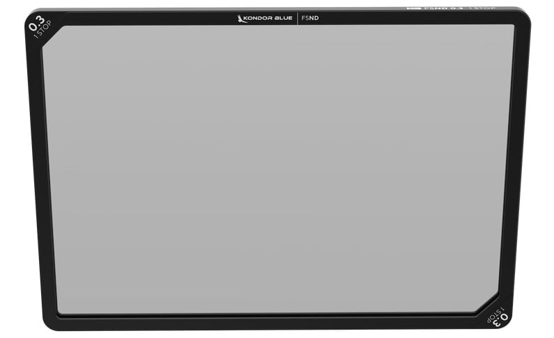A rectangular grey neutral density camera filter marked "Kondor Blue FSND 0.3" with a black frame and white labeling along the edges.