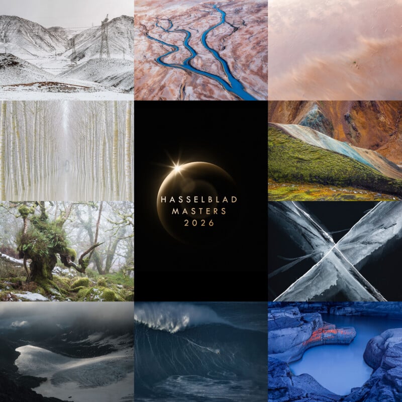 A collage of 11 diverse landscape photos including snowy mountains, winding rivers, forests, icy scenes, ocean waves, colorful terrain, and a central black square with “HASSELBLAD MASTERS 2026” and a glowing ring.