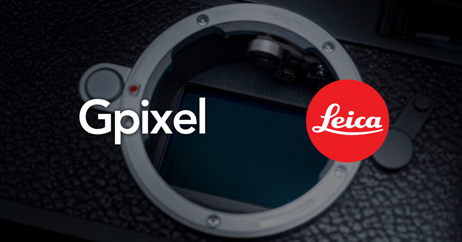 Close-up of a camera sensor with the words "Gpixel" and the red Leica logo overlaid on top. The camera body has a textured black finish.