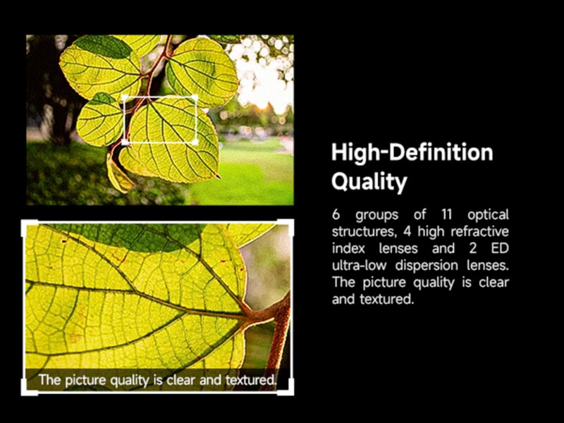 Dos fotografías en primer plano de hojas verdes, una alejada y otra ampliada, con áreas resaltadas que muestran detalles claros de las hojas. El texto describe la calidad de imagen nítida y texturizada que se logra utilizando tecnología de lentes avanzada.