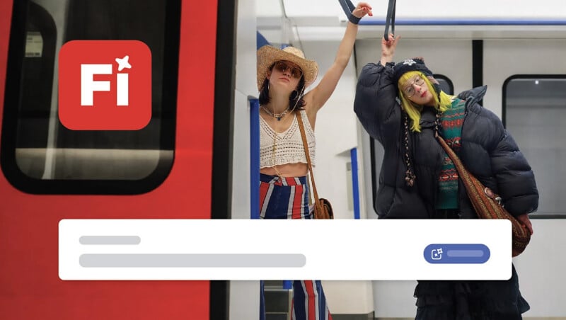 Two young women in colorful outfits stand on a subway platform, one raising an arm. A red subway train is on the left, and a large "Fi" logo and a search bar graphic are overlaid on the image.