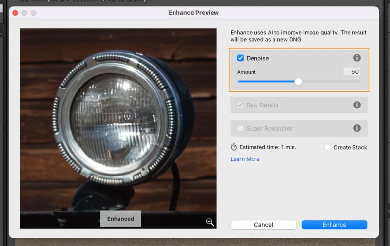 A computer screen shows an image enhancement tool with a preview of a round headlight. The "Denoise" option is checked with the amount set to 50. Buttons for "Cancel" and "Enhance" are at the bottom.