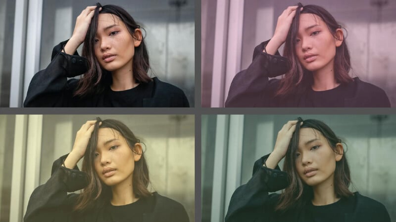 A person with medium-length dark hair poses with one hand on their head, wearing a black top and jacket. The image is shown in four color-filtered versions, arranged in a 2x2 grid.