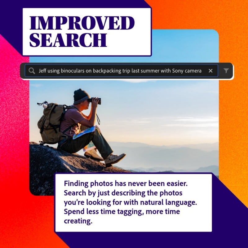 A person sits on a rocky hilltop using binoculars, with a backpack and camera nearby. Text overlay promotes improved photo search by describing images instead of tagging, set against a vibrant orange and purple background.