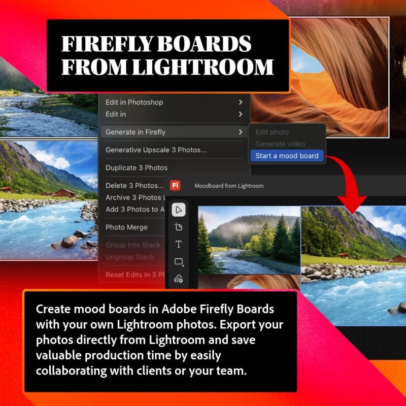 Screenshot showing Adobe Lightroom’s menu with the option "Start a mood board" highlighted. Text explains exporting photos to Firefly Boards to create mood boards and collaborate with clients or teams efficiently. Nature photos are visible.
