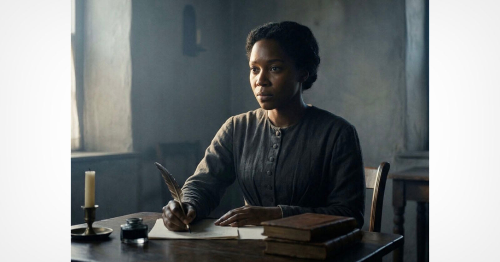 A woman in old-fashioned clothing sits at a wooden table, holding a quill pen over paper. An ink bottle, candle, and books are on the table, and soft light enters from a window in a dimly lit room.